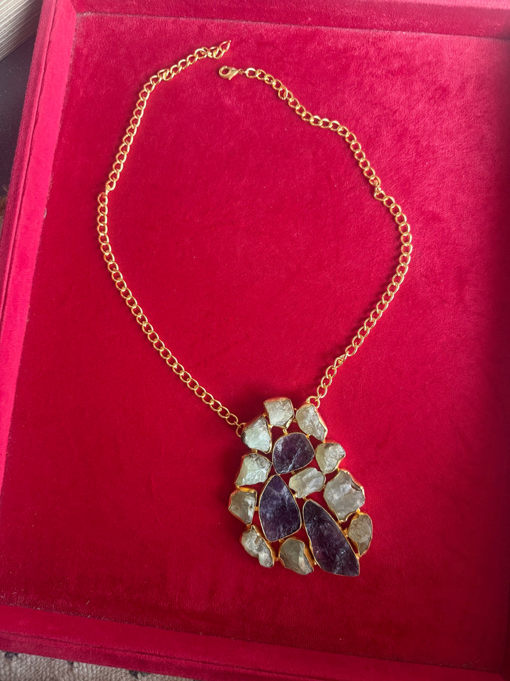 Handmade Natural Gemstones Statement Necklace | Brass Adjustable Lobster Claw Jewelry