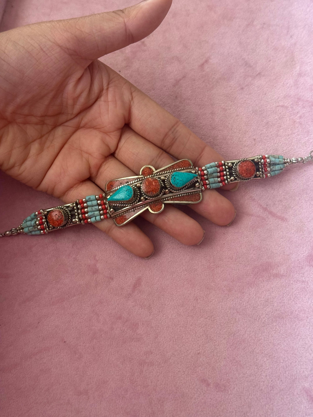 Handcrafted Turquoise and Coral German Silver Bracelet, Indian Jewelry