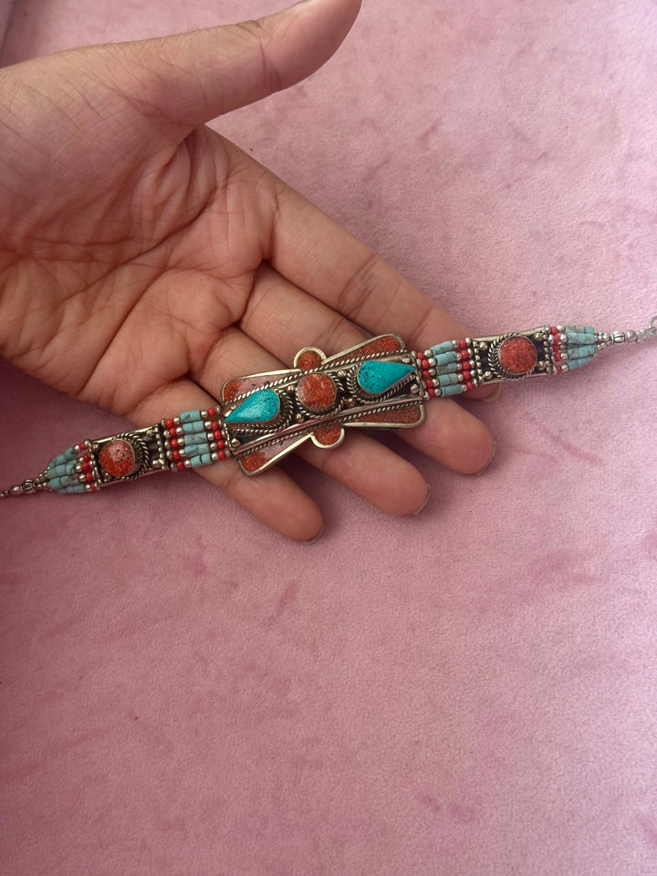 Handcrafted Turquoise and Coral German Silver Bracelet, Indian Jewelry