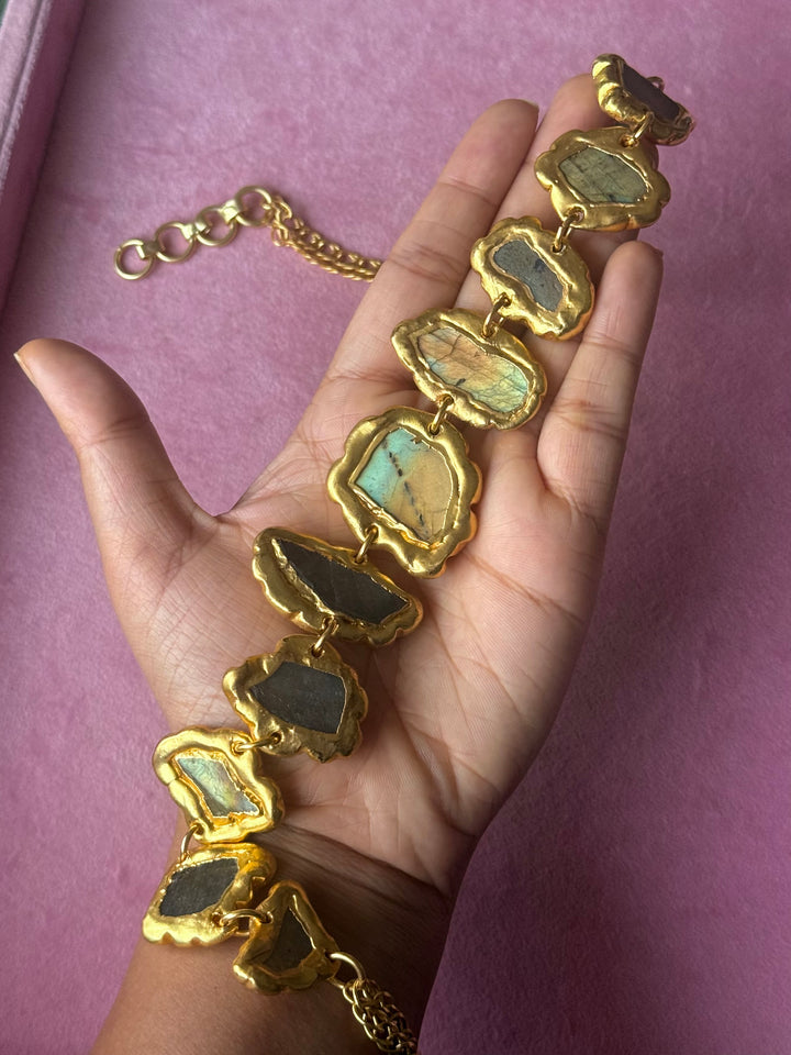 Handmade Raw Labradorite Gold Embedded Necklace | Adjustable Lobster Claw Brass Statement Jewelry