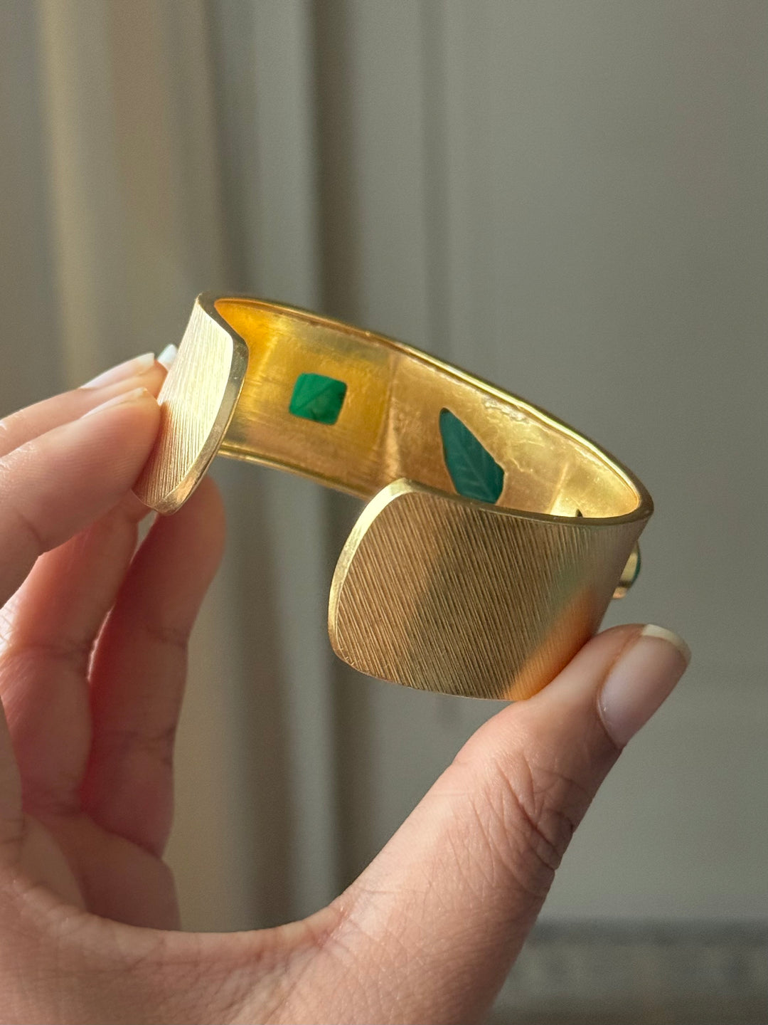 Exquisite Carved Green Onyx Stone Studded Brass Open Cuff - Unparalleled Quality and Style