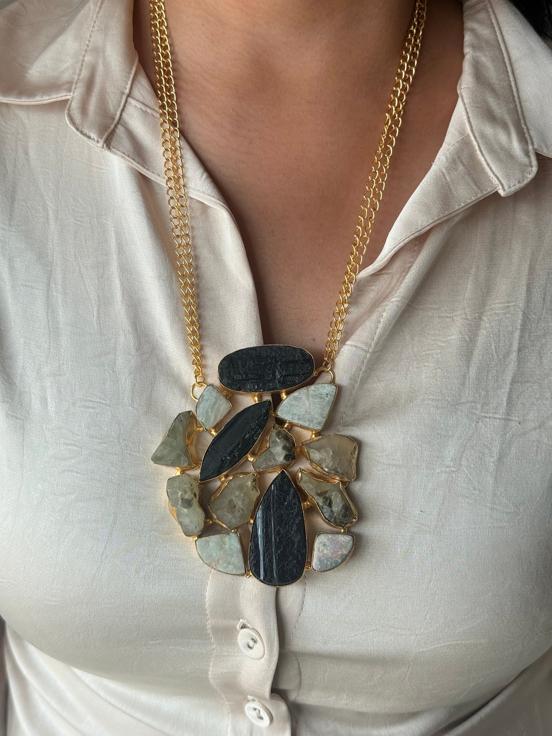 Handmade Natural Gemstones Statement Necklace | Brass Adjustable Lobster Claw Jewelry