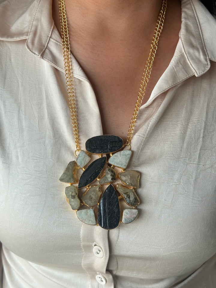 Handmade Natural Gemstones Statement Necklace | Brass Adjustable Lobster Claw Jewelry
