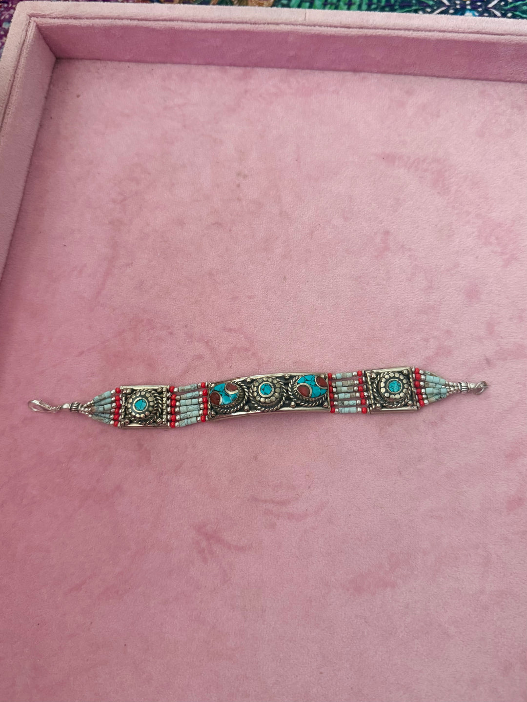 Handcrafted Turquoise and Coral German Silver Bracelet, Indian Jewelry