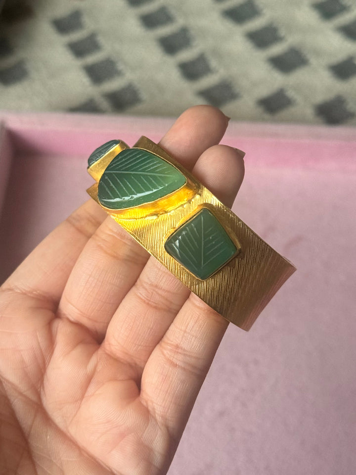 Exquisite Carved Green Onyx Stone Studded Brass Open Cuff - Unparalleled Quality and Style