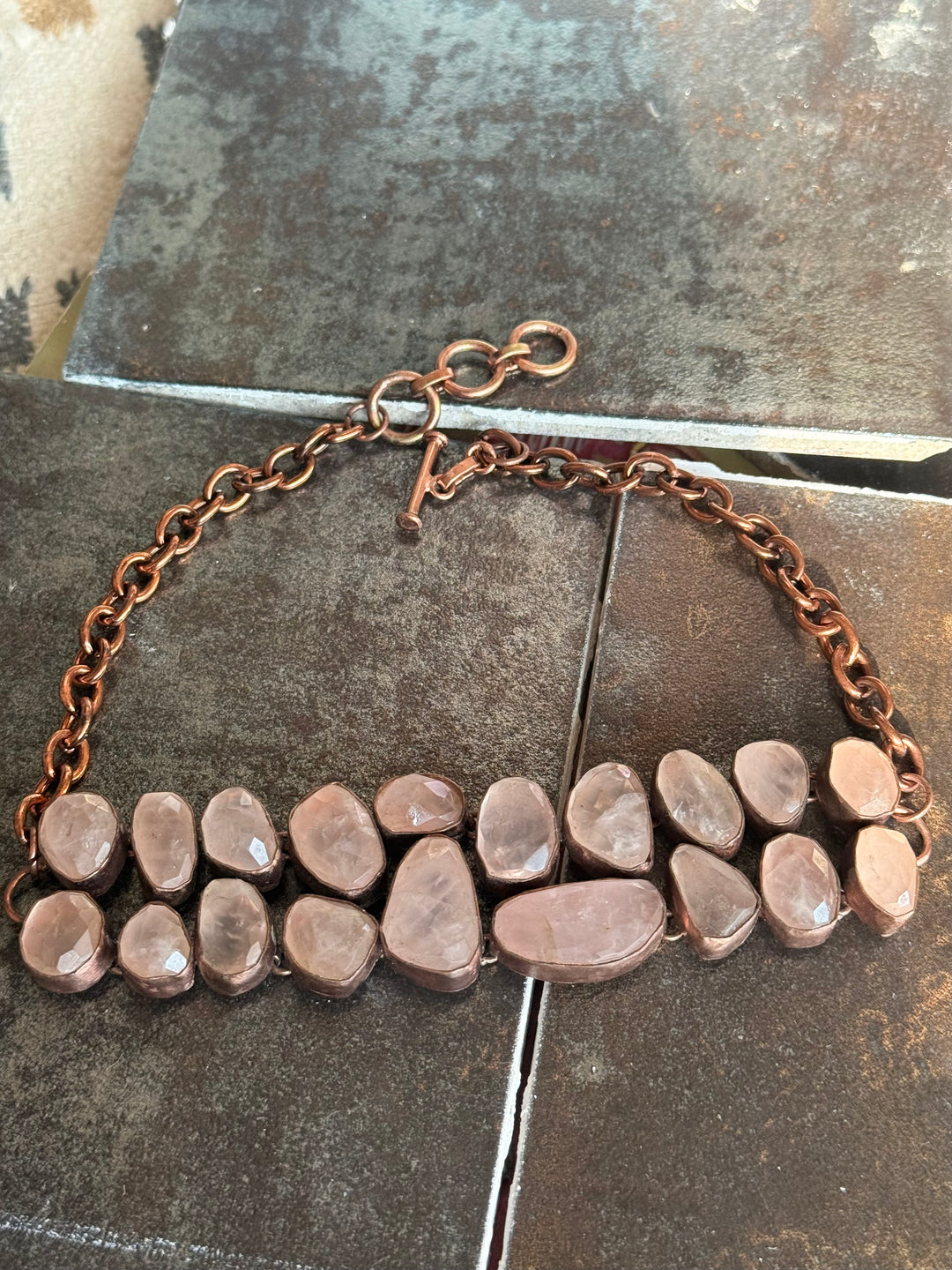 Handmade Rose Quartz Statement Choker | Copper Polish Brass Adjustable Toggle Necklace