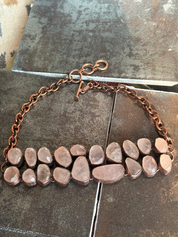 Handmade Rose Quartz Statement Choker | Copper Polish Brass Adjustable Toggle Necklace
