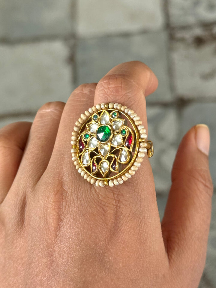 925 Silver Jadtar Gold Handmade Ring | Adjustable | SHIVKA