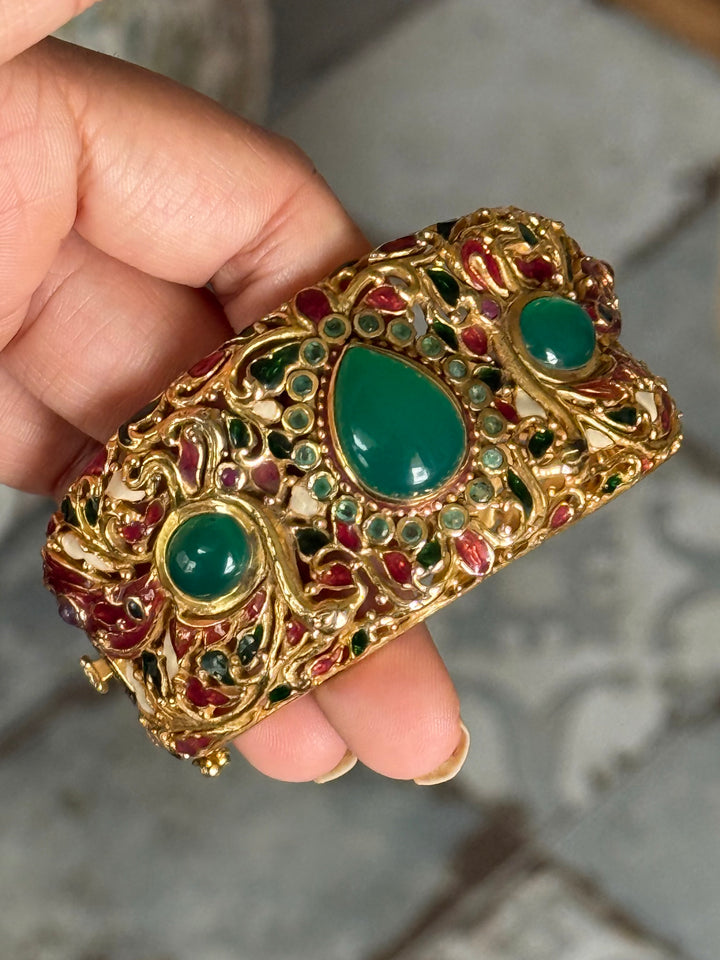 925 Silver Green Onyx Kada by SHIVKA, Gold Plated Bikaner Artisanal Enamel Bangle