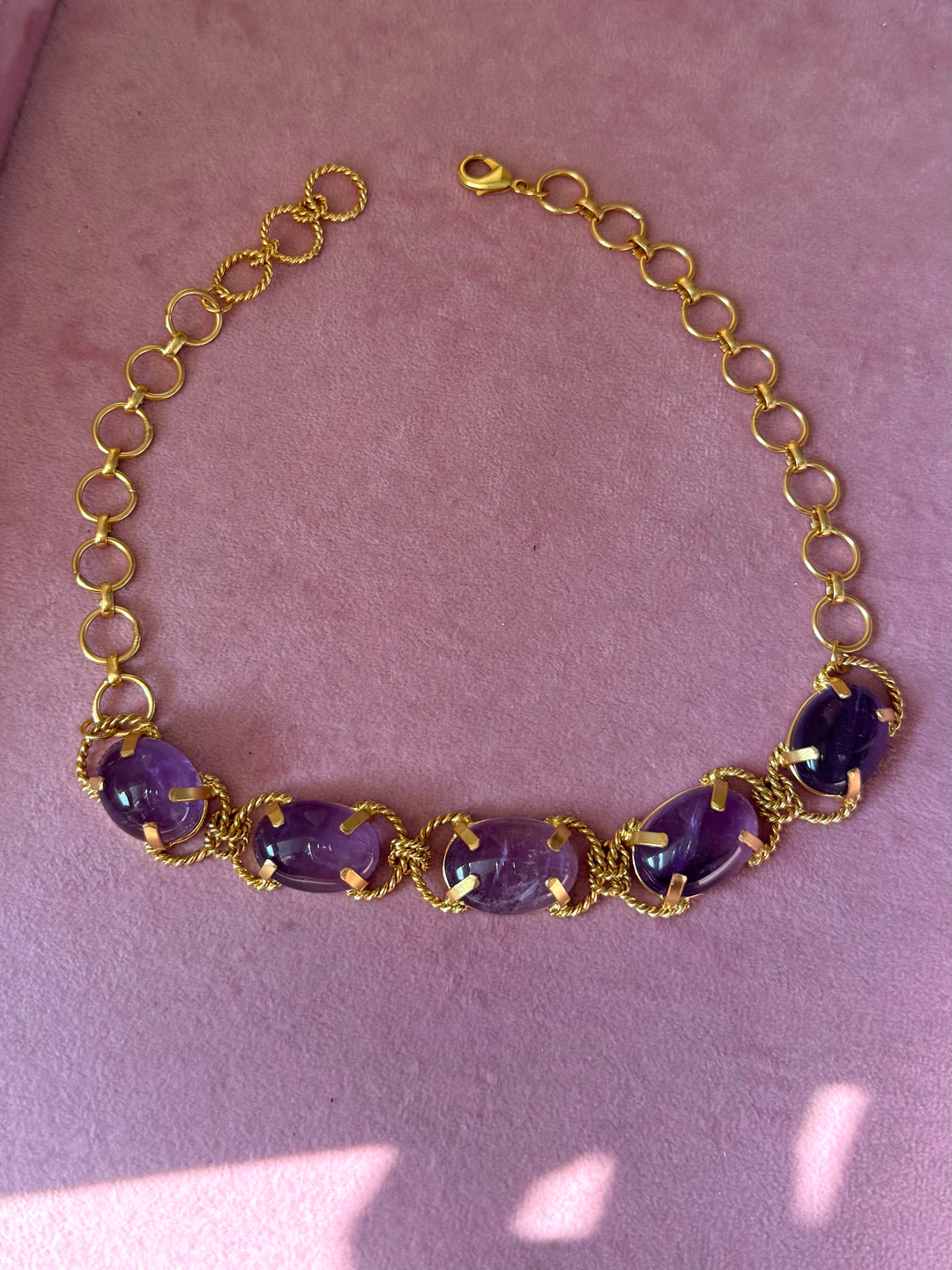 Natural Amethyst Gemstone Choker – Gold Brass, Adjustable Necklace