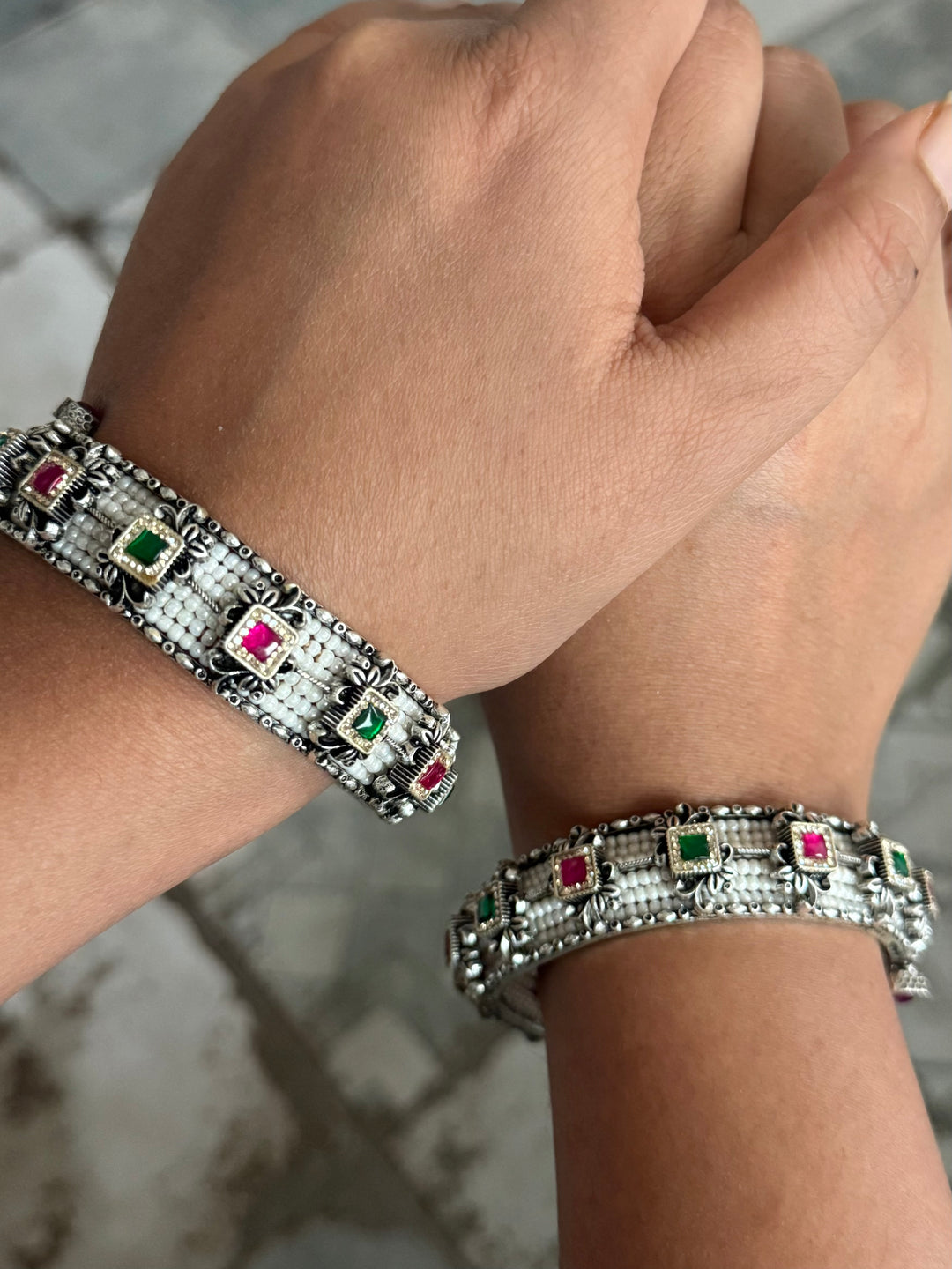 SHIVKA SAANJ 925 Silver Fusion Bangles | Set of 2 | CZ Stones | Artisan Crafted | 94g