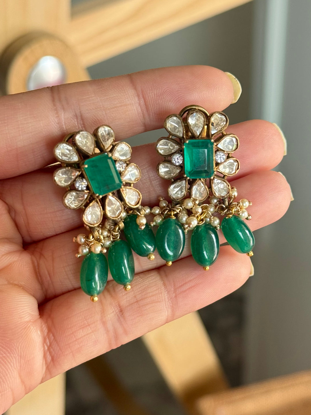 Handmade 925 Silver Polki Kundan Necklace Set | Rose Quartz & Emerald | SHIVKA