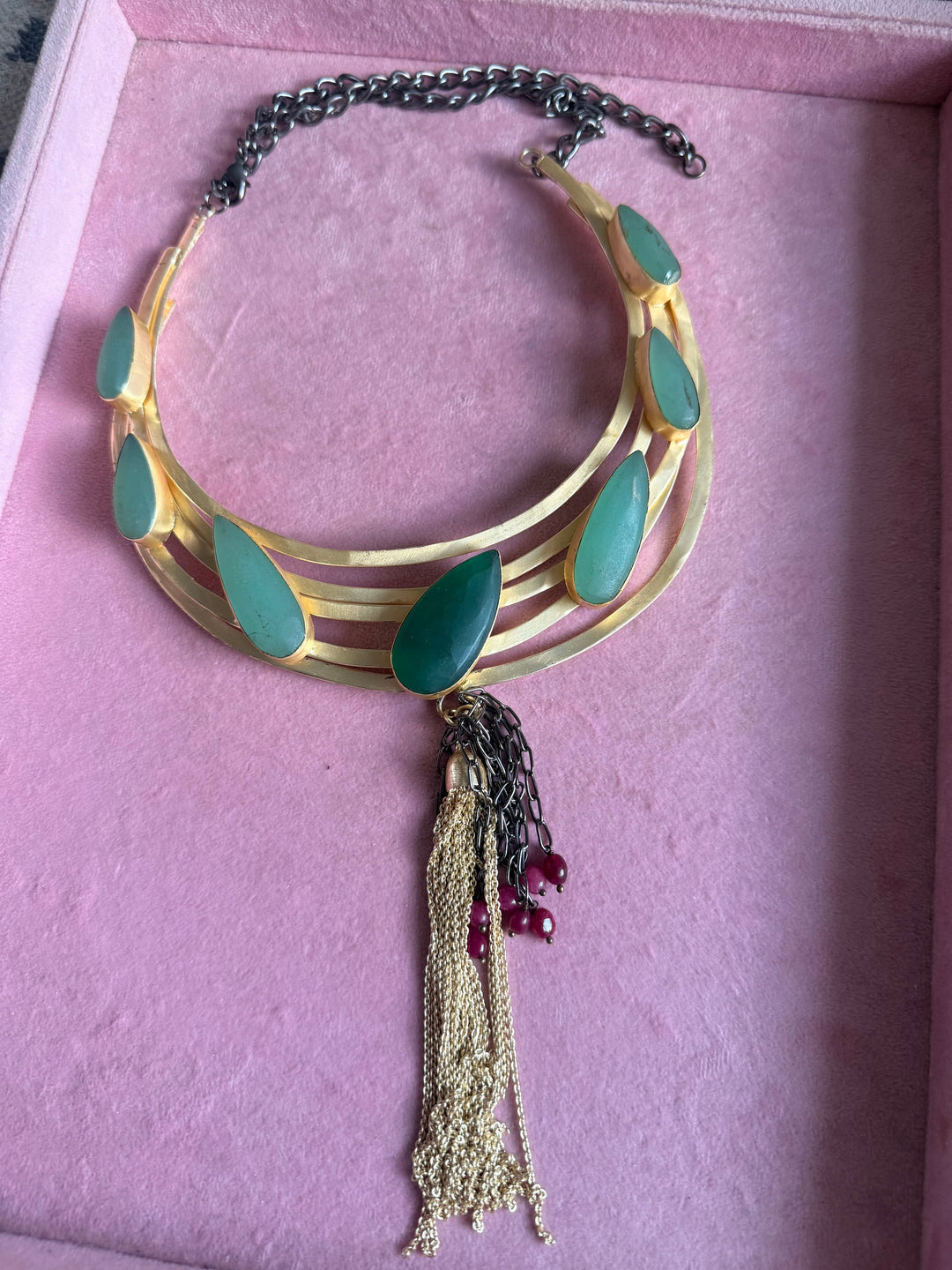 Handmade Green Onyx Hasli Necklace | Gold Polish Brass Adjustable Statement Jewelry
