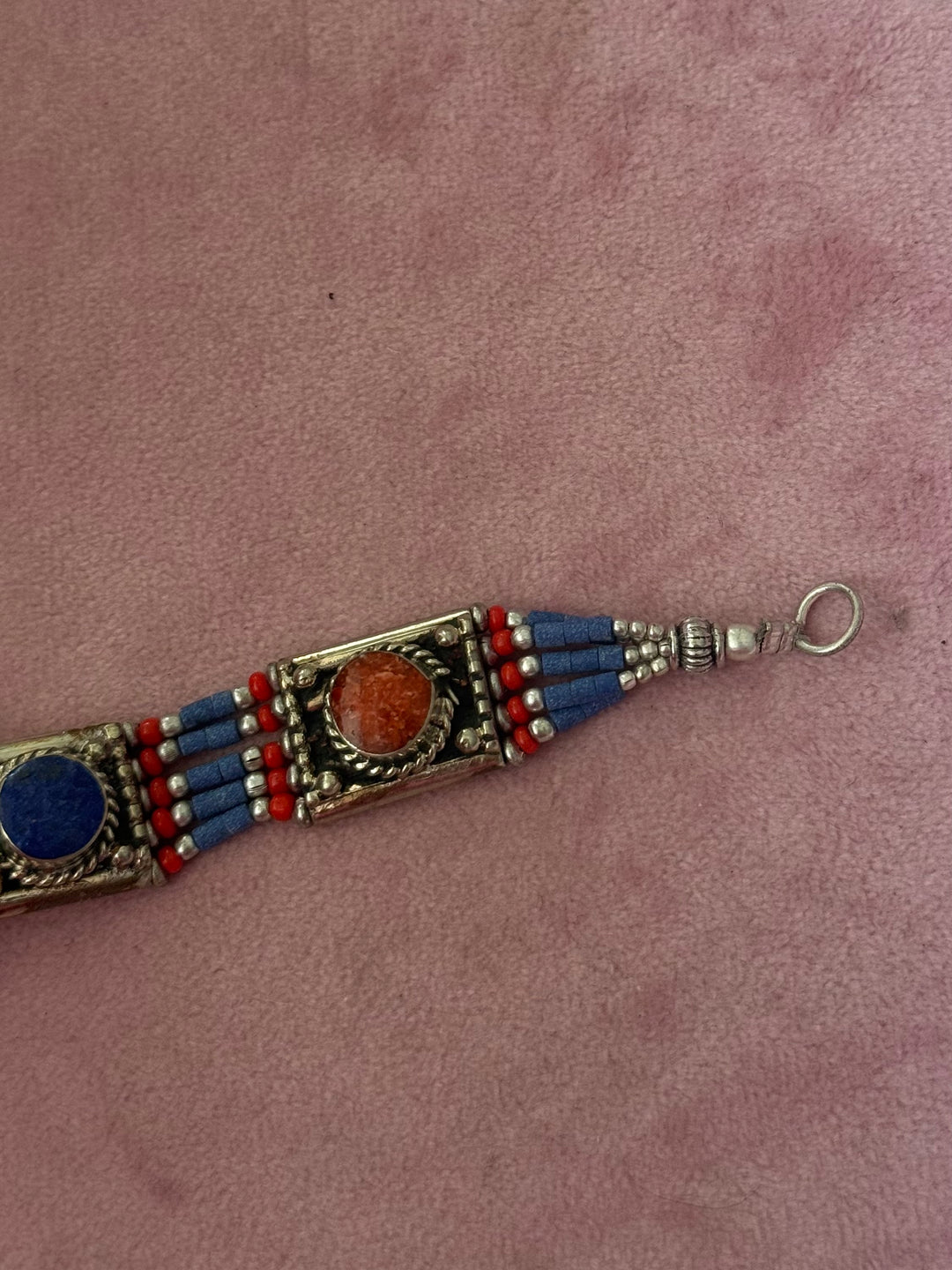 Handcrafted Lapis Lazuli and Coral German Silver Bracelet, Indian Jewelry