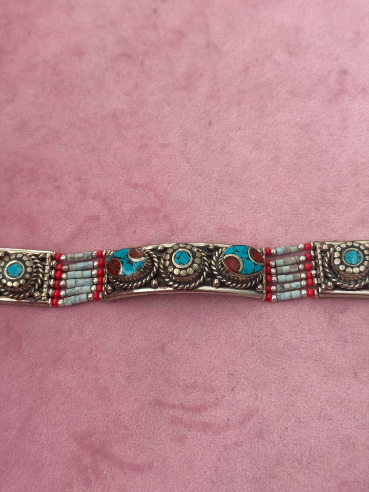 Handcrafted Turquoise and Coral German Silver Bracelet, Indian Jewelry
