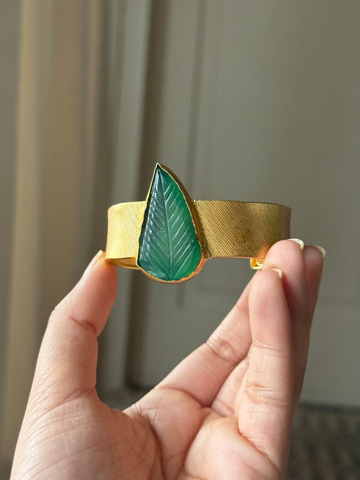 Exquisite Carved Green Onyx Stone Studded Brass Open Cuff - Unparalleled Quality and Style
