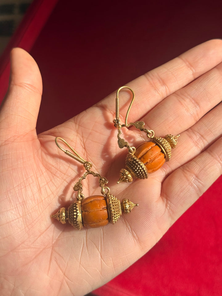 Handmade 925 Silver Dholki Carnelian Earrings | Antique Gold Polish Earwire Danglers