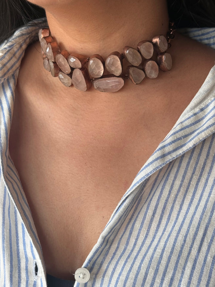 Handmade Rose Quartz Statement Choker | Copper Polish Brass Adjustable Toggle Necklace