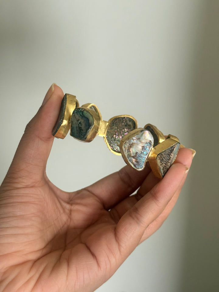 SHIVKA Designer Brass Abalone Cuff | Gold Polish | Natural Abalone Stones | Adjustable | 30g