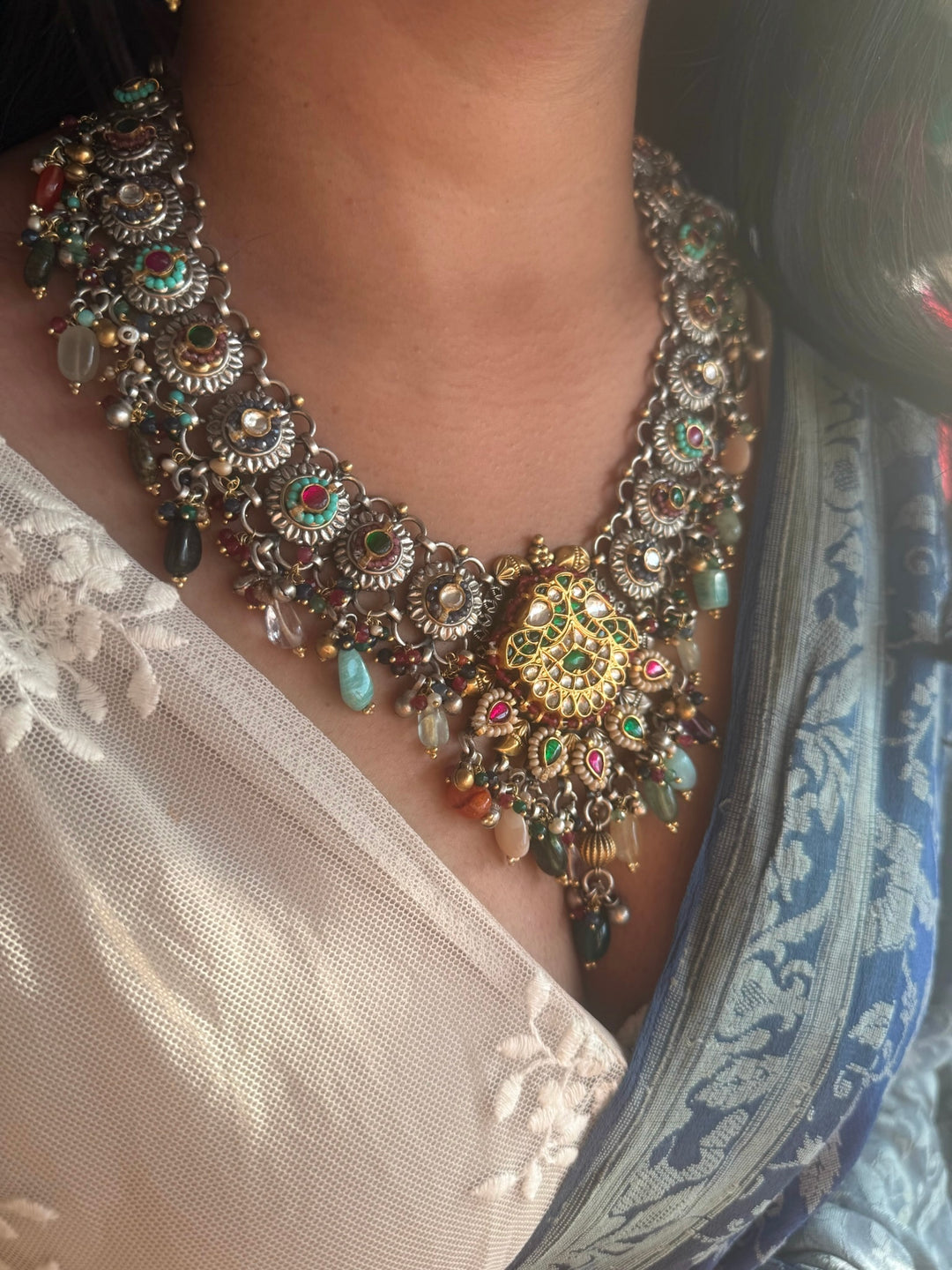 Handmade 925 Silver Fusion Gemstone Kundan Necklace Set | SHIVKA