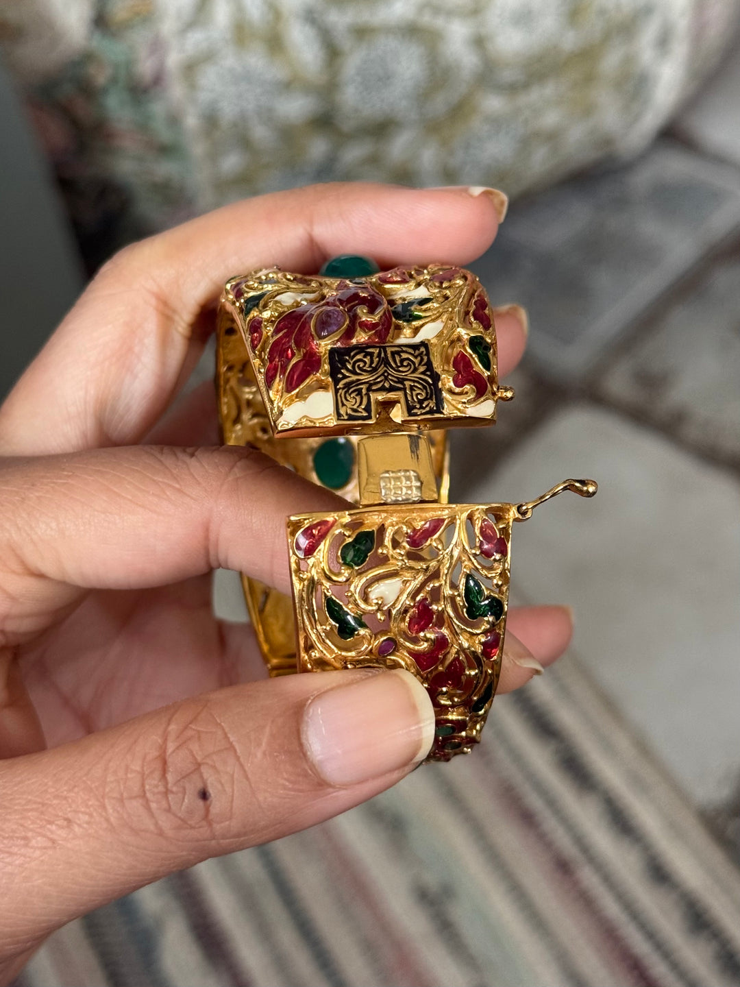 925 Silver Green Onyx Kada by SHIVKA, Gold Plated Bikaner Artisanal Enamel Bangle