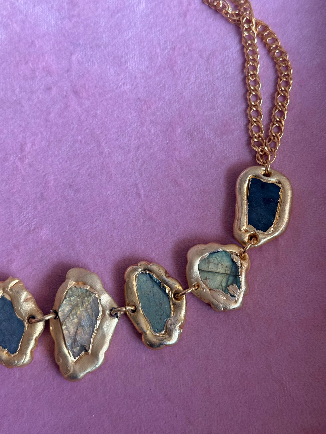Handmade Raw Labradorite Gold Embedded Necklace | Adjustable Lobster Claw Brass Statement Jewelry
