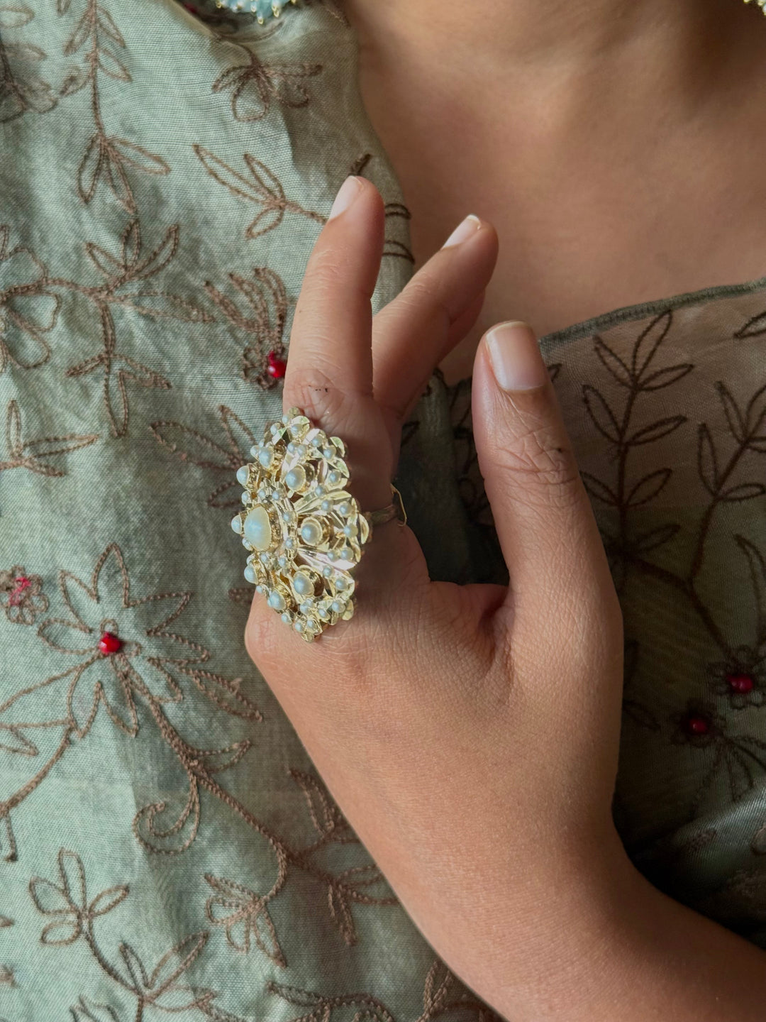 Statement Pearl Jadau Ring | 18k Gold Plated | Copper & Semi-Precious Stones