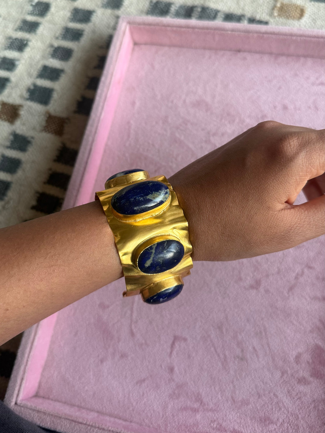 SHIVKA Designer Lapis Lazuli Stone Brass Cuff | Adjustable Open Bracelet | Statement Festive Wear | 50g