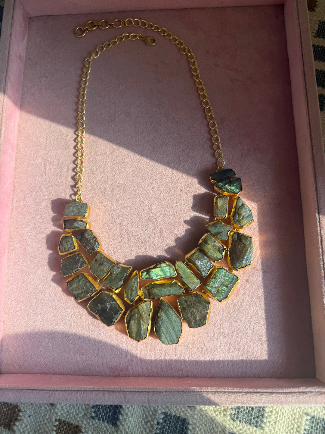 Handmade Raw Stone Labradorite Necklace | Gold Polish Brass Adjustable Statement Jewelry