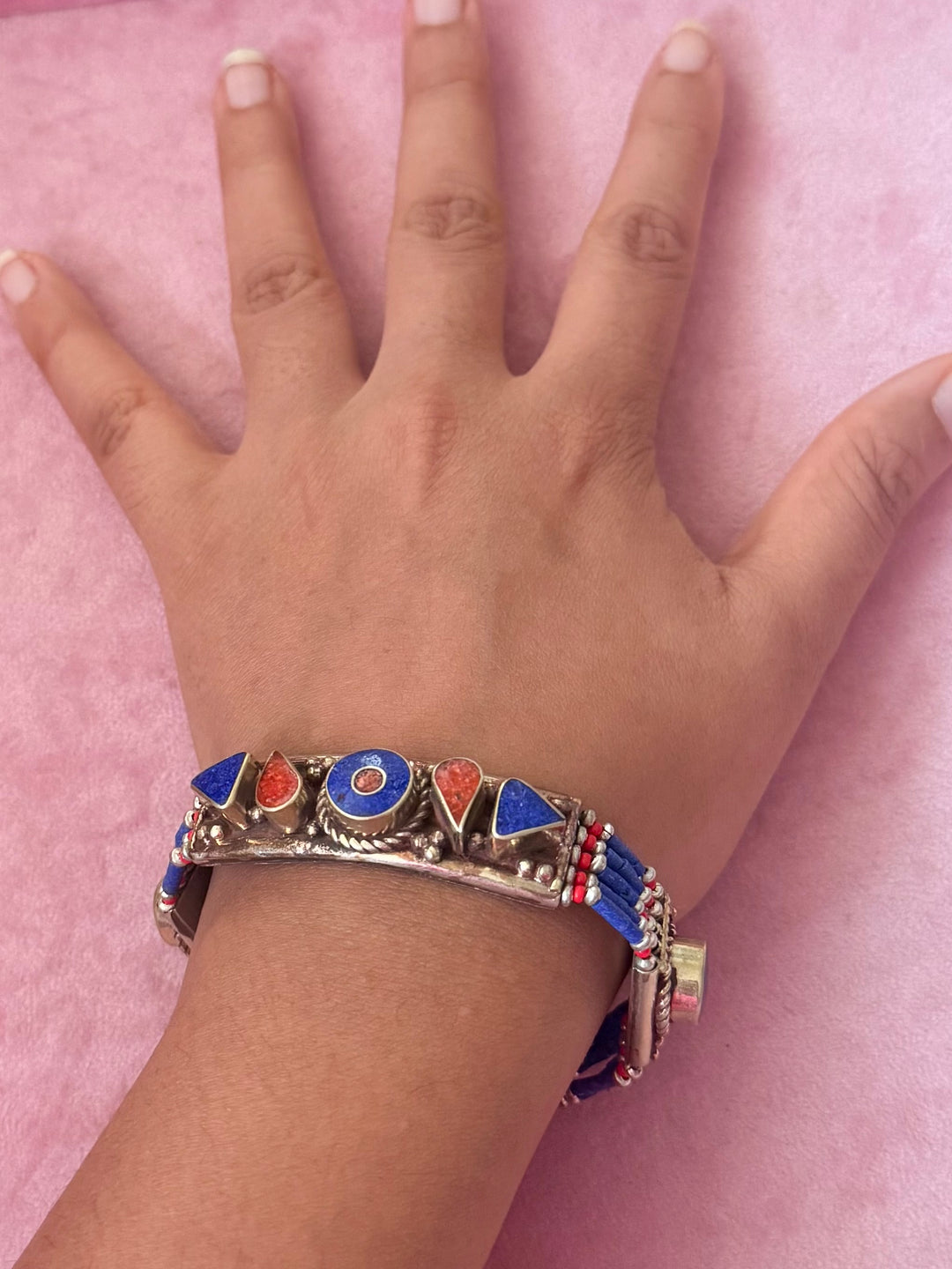 Handcrafted Lapis Lazuli and Coral German Silver Bracelet, Indian Jewelry
