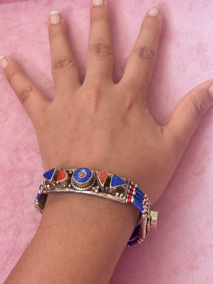 Handcrafted Lapis Lazuli and Coral German Silver Bracelet, Indian Jewelry