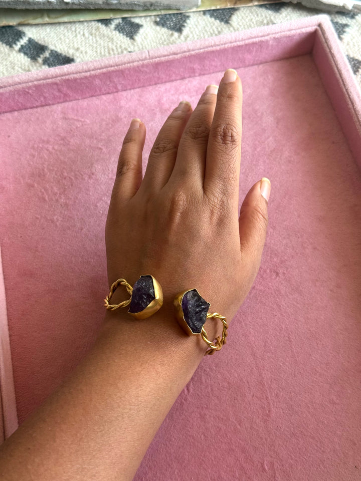 Raw Stone Cuff Bracelet, Gold Polish Brass, Adjustable