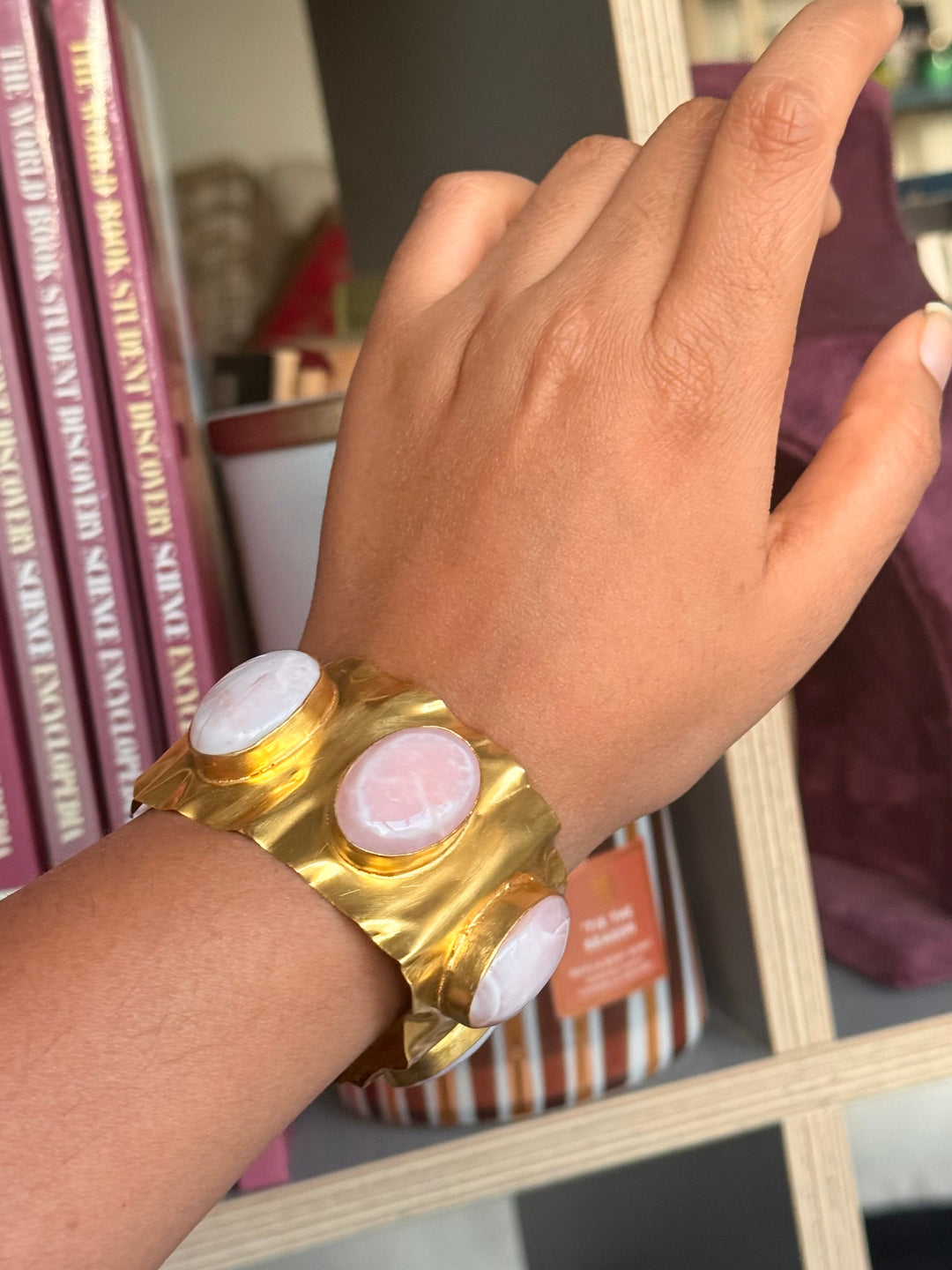 SHIVKA Designer Stone Brass Cuff | Adjustable Open Bracelet | Statement Festive Wear | 45g