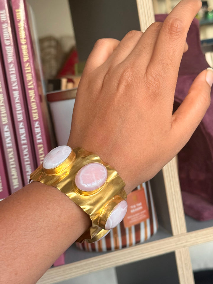 SHIVKA Designer Stone Brass Cuff | Adjustable Open Bracelet | Statement Festive Wear | 45g