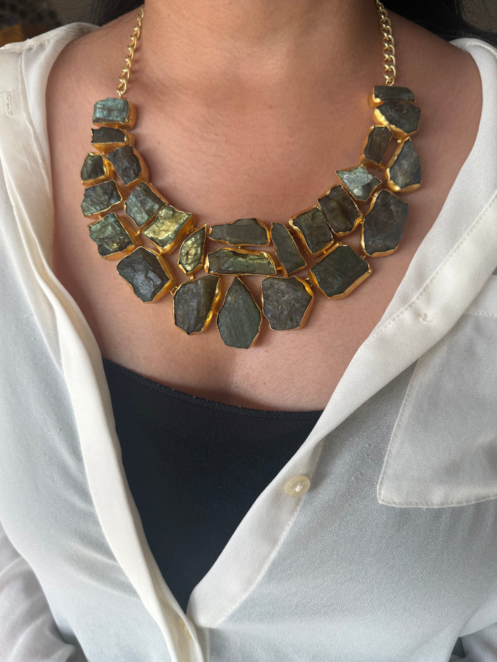 Handmade Raw Stone Labradorite Necklace | Gold Polish Brass Adjustable Statement Jewelry