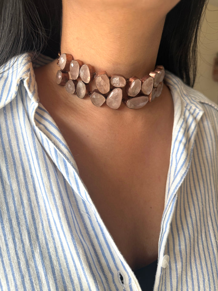 Handmade Rose Quartz Statement Choker | Copper Polish Brass Adjustable Toggle Necklace