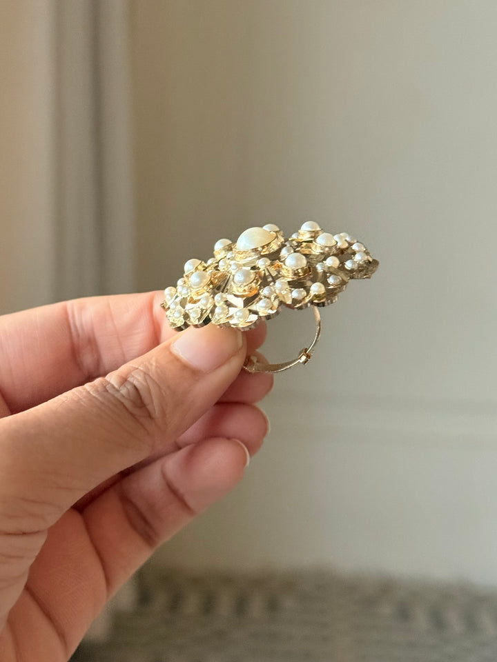 Statement Pearl Jadau Ring | 18k Gold Plated | Copper & Semi-Precious Stones