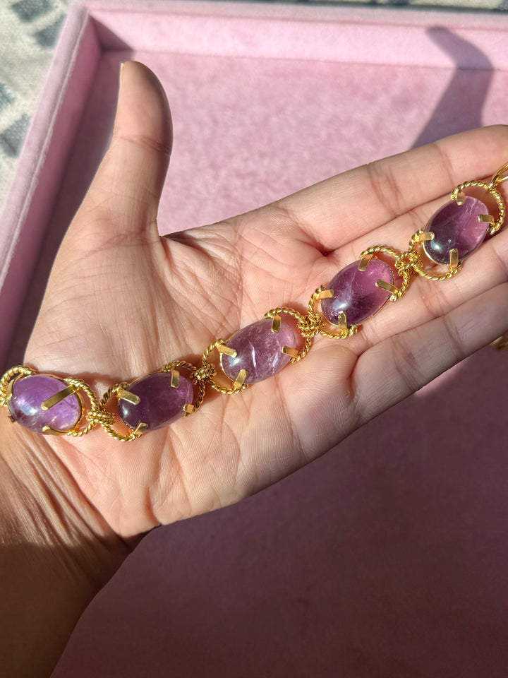 Natural Amethyst Gemstone Choker – Gold Brass, Adjustable Necklace