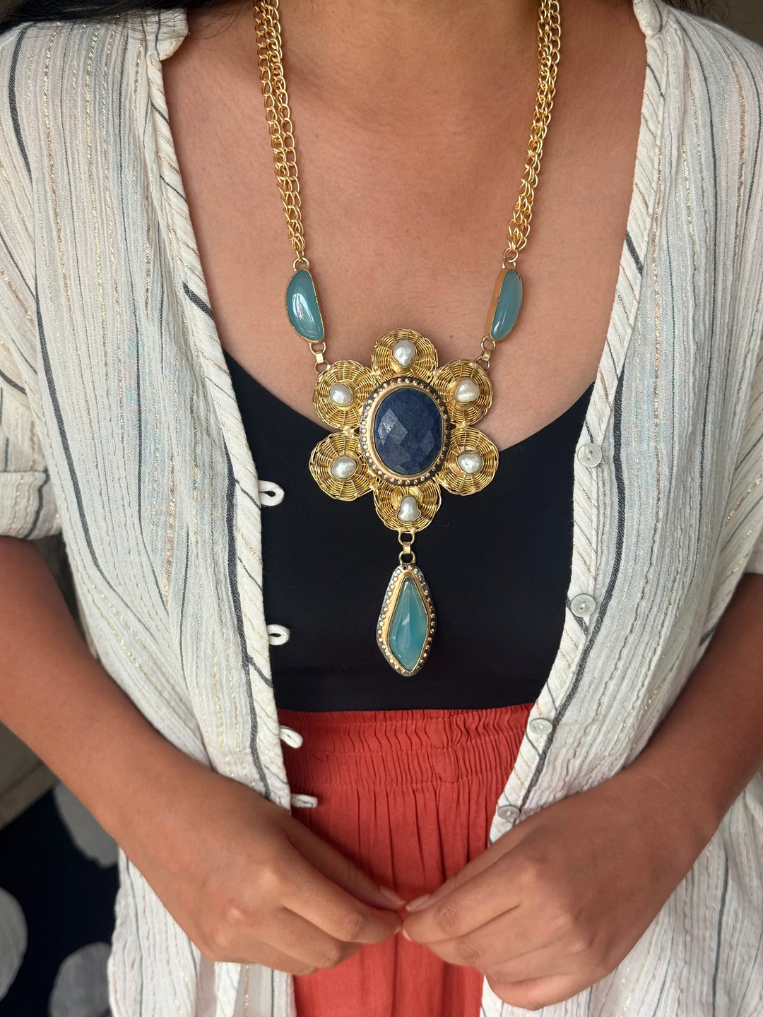 Handmade Pearl & Chalcedony Statement Necklace | Brass Adjustable Lobster Claw Jewelry