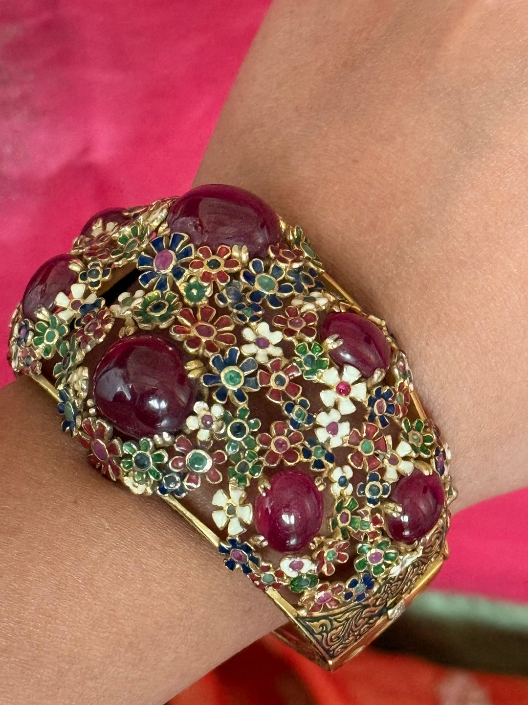 925 Silver Meenakari Ruby Kada by SHIVKA, Gold Plated Bikaner Artisanal Floral Openable Bangle