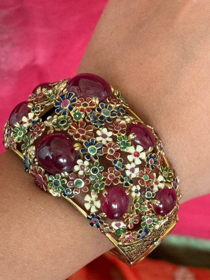 925 Silver Meenakari Ruby Kada by SHIVKA, Gold Plated Bikaner Artisanal Floral Openable Bangle
