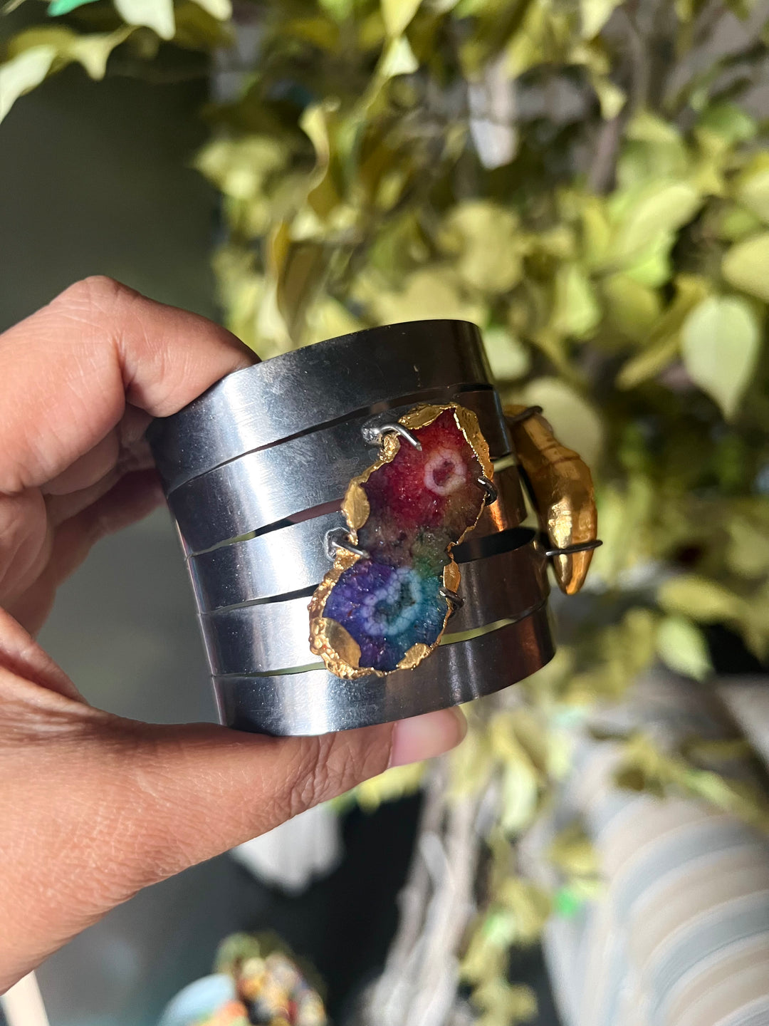 SHIVKA Designer Brass Quartz Cuff | Black Rhodium Polish | Natural Stones | Adjustable | 65g