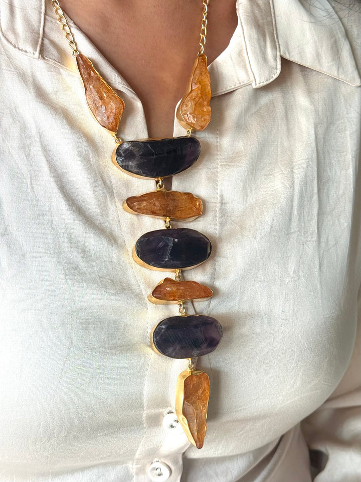 Handmade Brass Amethyst and Citrine Tie Necklace: Modern Adjustable Gemstone Pendant