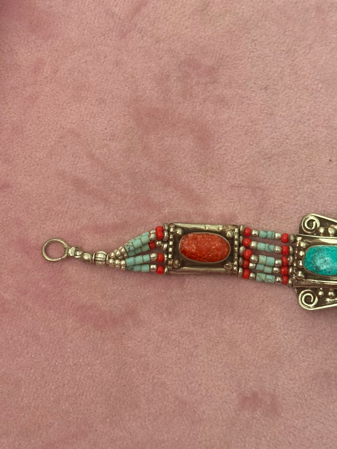 Handcrafted Turquoise and Coral German Silver Bracelet, Indian Jewelry