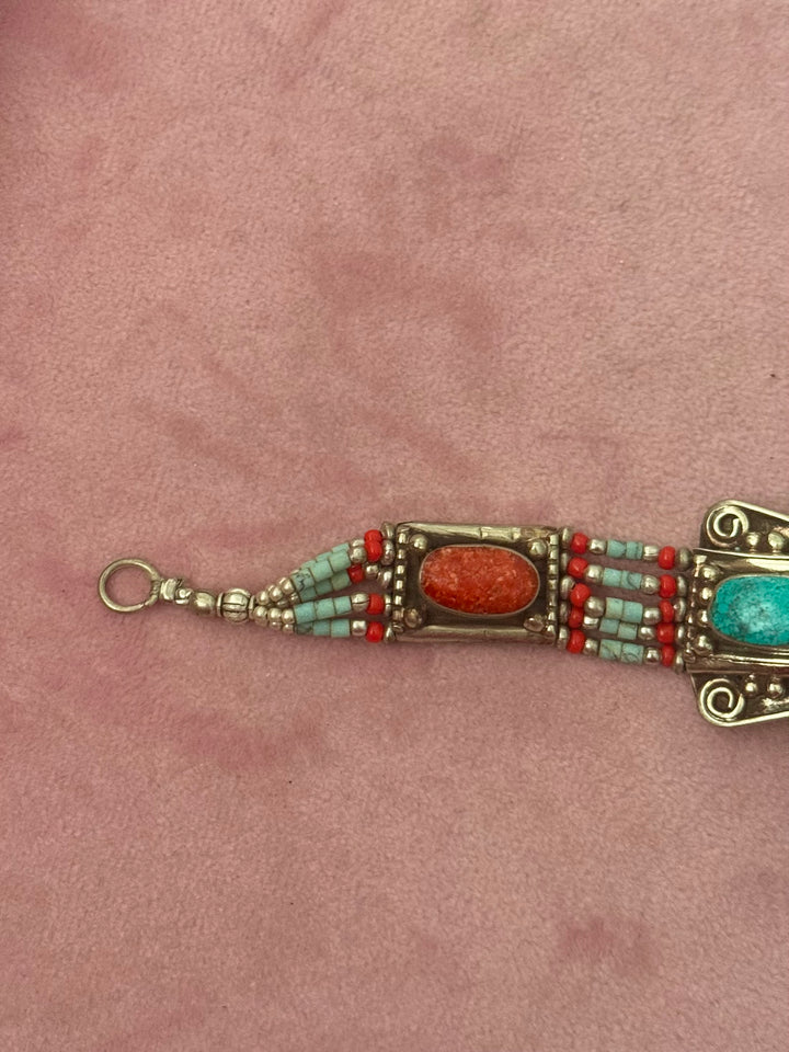 Handcrafted Turquoise and Coral German Silver Bracelet, Indian Jewelry