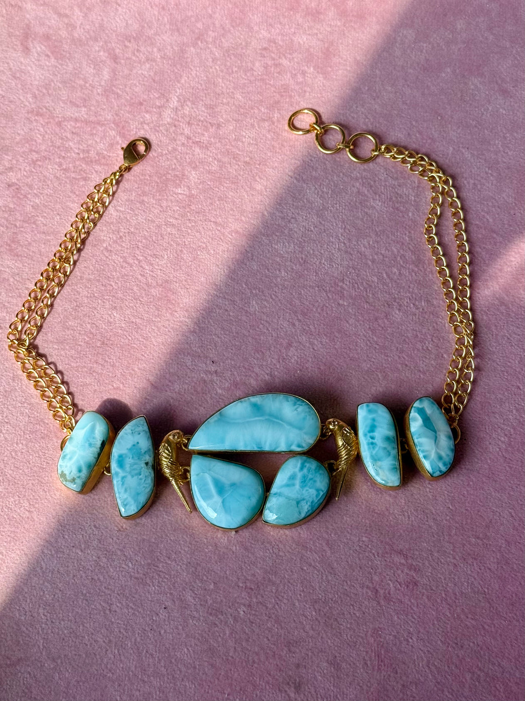 Natural Larimar Gemstone Choker Necklace– Gold Brass, Adjustable Necklace
