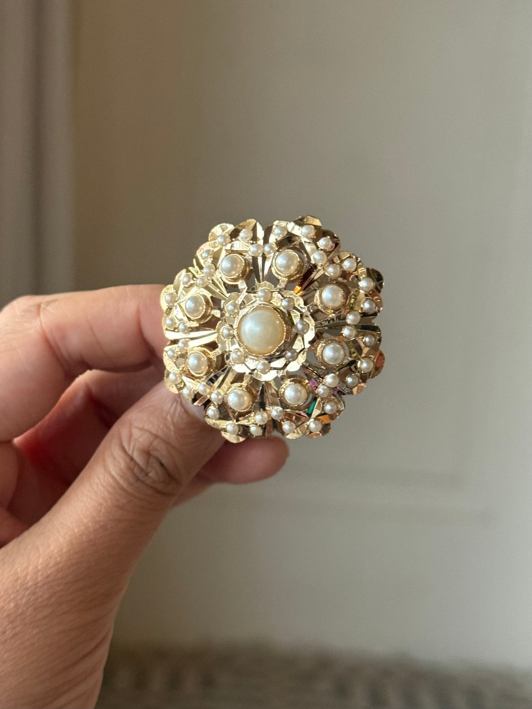 Statement Pearl Jadau Ring | 18k Gold Plated | Copper & Semi-Precious Stones