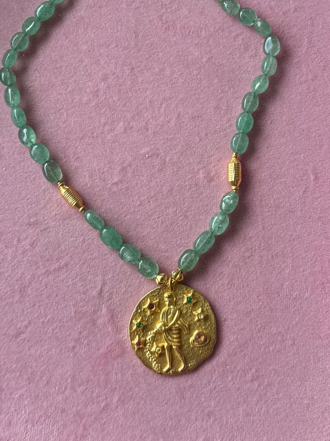 Handmade Aquarius Pendant Necklace with Natural Aventurine | Gold Polish Brass Zodiac Jewelry
