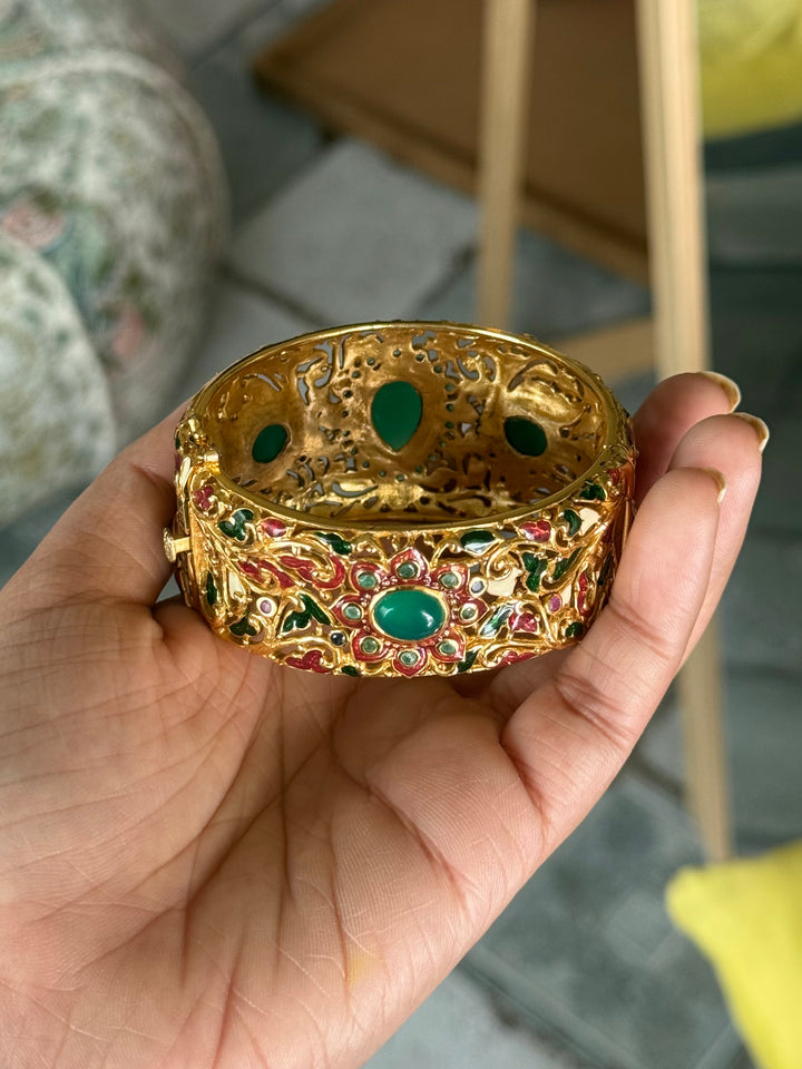 925 Silver Green Onyx Kada by SHIVKA, Gold Plated Bikaner Artisanal Enamel Bangle