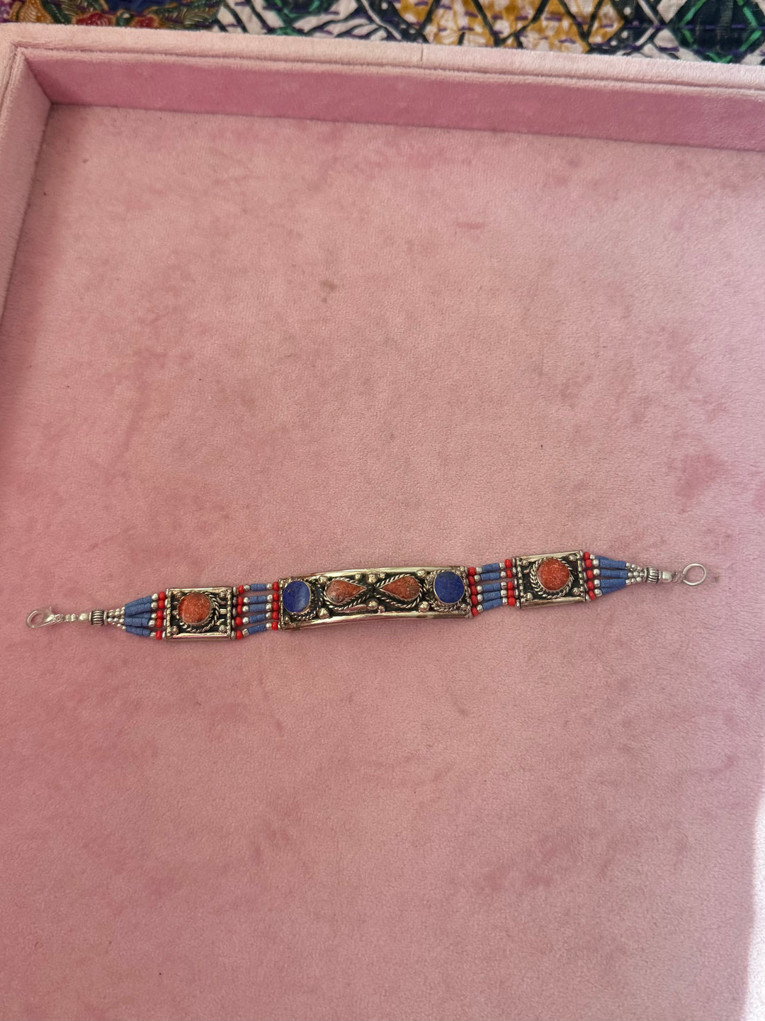 Handcrafted Lapis Lazuli and Coral German Silver Bracelet, Indian Jewelry